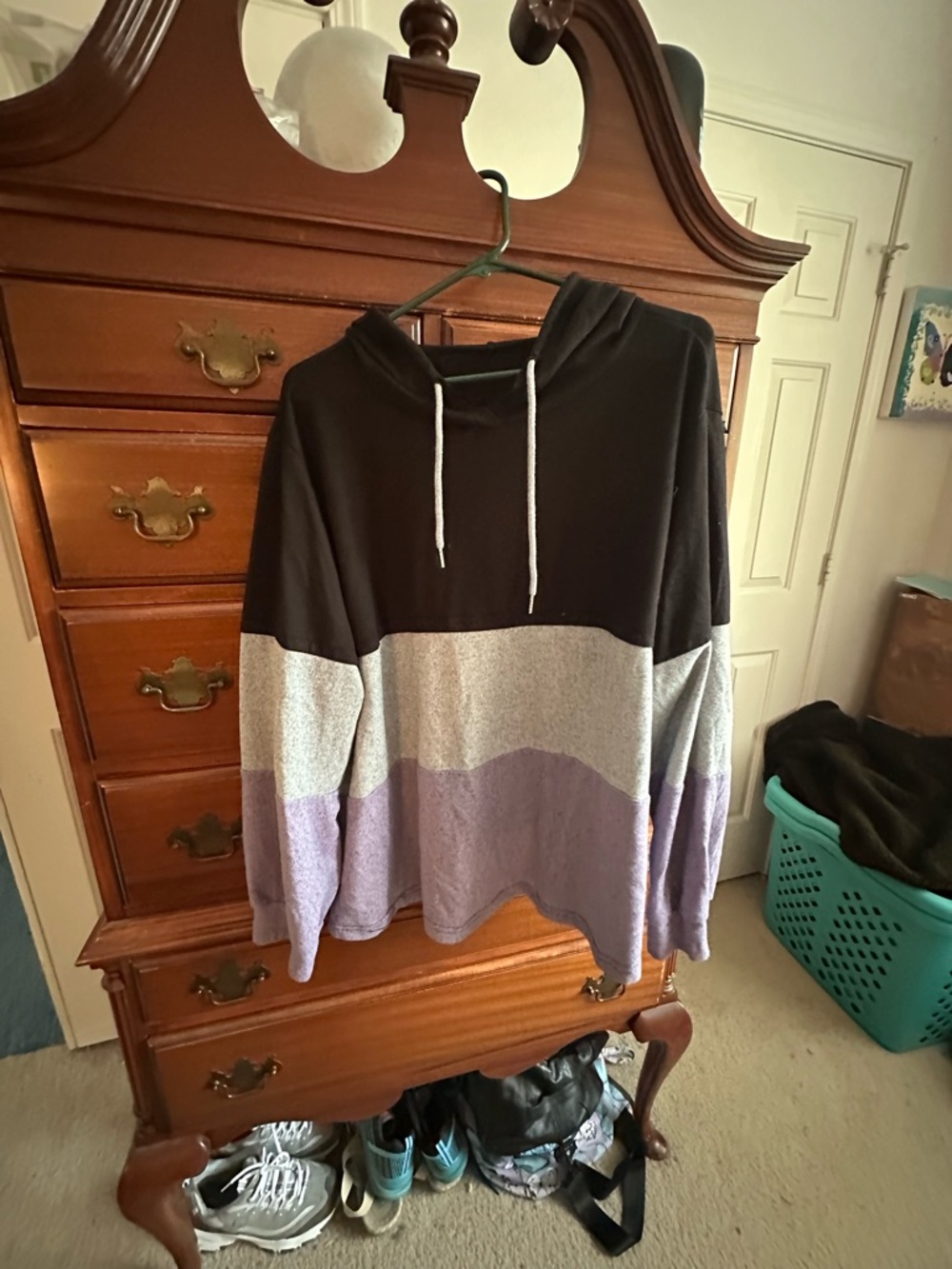 Colorblock Hooded Pullover Sweatshirt - Black, Gray, Lavender